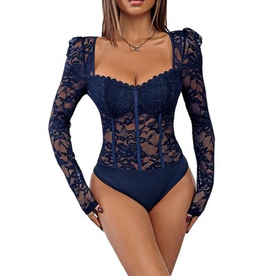 Women's Long Sleeve Lace Bodysuit - Puff Shoulder Square Neck Sheer Floral Lace Top