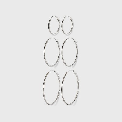 Women's Sterling Silver Small, Medium and Large Hoop Earring Set 3pc - Silver