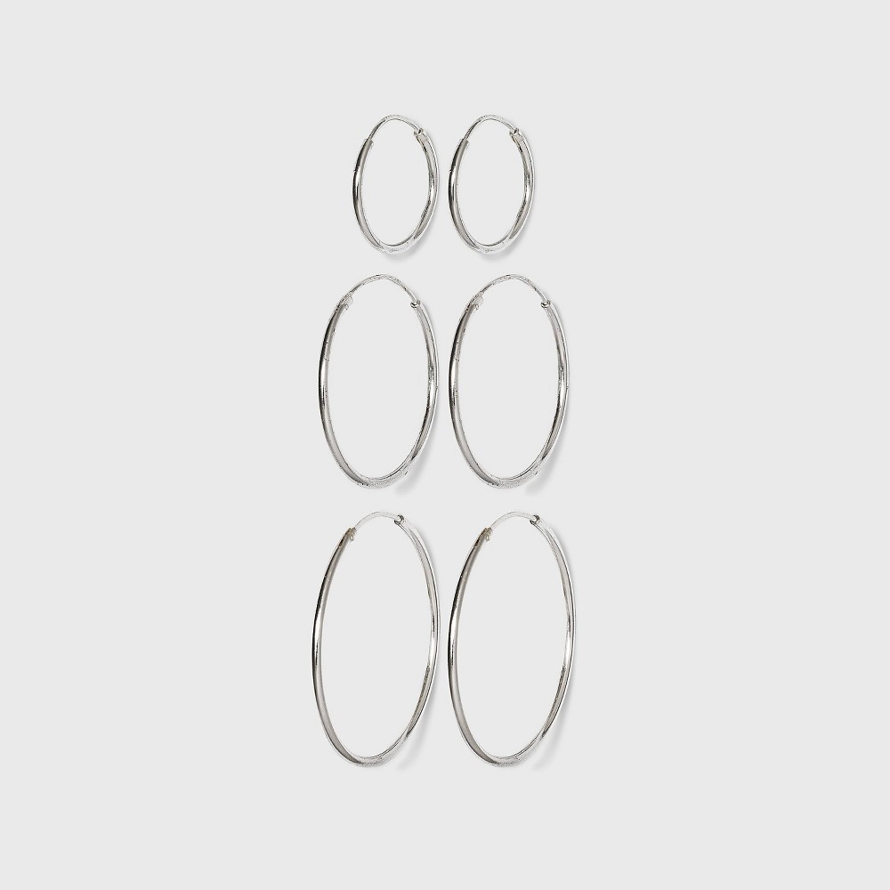 Photos - Earrings Women's Sterling Silver Small, Medium and Large Hoop Earring Set 3pc - Sil