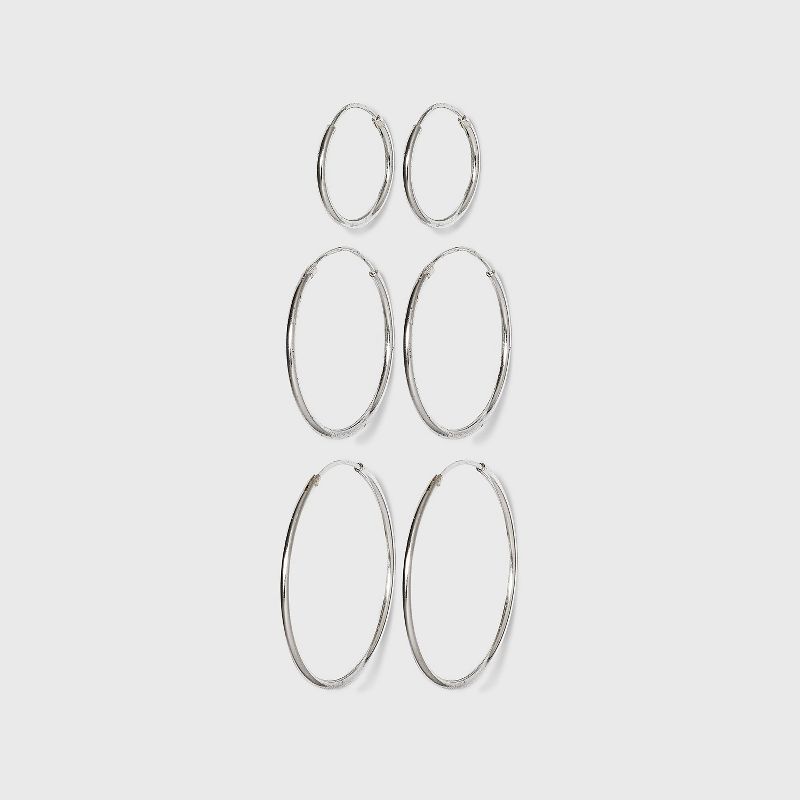 Women&#39;s Sterling Silver Small, Medium and Large Hoop Earring Set 3pc - Silver, 1 of 3