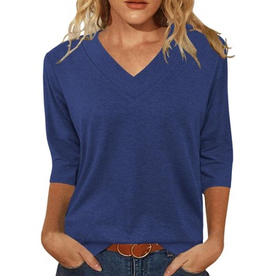 Tops for Women Summer Fall Shirts Basic 3/4 Sleeve Tees V Neck Tunics Casual Dressy Blouses