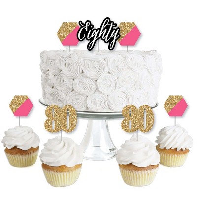 Big Dot of Happiness Chic 80th Birthday - Pink, Black and Gold - Dessert Cupcake Toppers - Birthday Party Clear Treat Picks - Set of 24