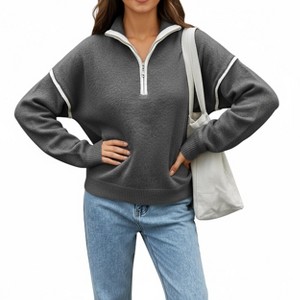 Anna-Kaci Women's Long Sleeve Pullover Knit Top with Quarter Zip Front Contrast Trim and Ribbed Hem - 1 of 4
