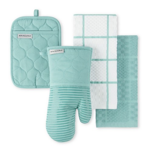 Kitchenaid Quilted Cotton Terry Cloth Oven Mitt Pot Holder Kitchen Towel 4 pack Set Silicone Grip Aqua Sky 16 x26