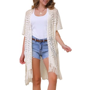 INSPIRE CHIC Women's Boho Open Front Short Sleeve Lightweight Fringe Beach Knit Cardigans - 1 of 4