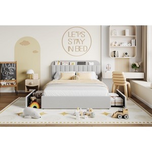 Bed Frame with Storage Headboard, Kids Bed Frame with 2 Drawers, Boucle Upholstered Platform Bed with Bookcase, No Box Spring Needed, Easy Assembly - 1 of 4