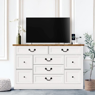 Farmhouse 9 Drawer Dresser, 54" Wide Wide Wood Dresser with Roman Metal Handle, Vintage Dresser TV Stand, Chest of Drawers for Bedroom