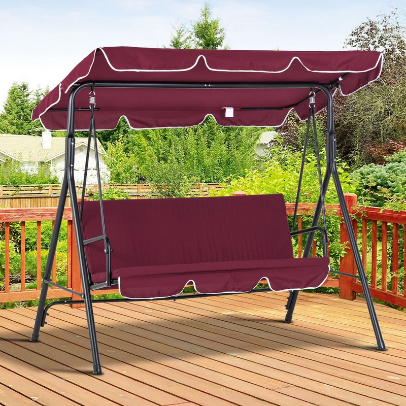 Outsunny 3-Seat Outdoor Patio Swing Chair with Removable Cushion, Steel Frame Stand and Adjustable Tilt Canopy for Patio, Garden, Wine Red, 2 of 7