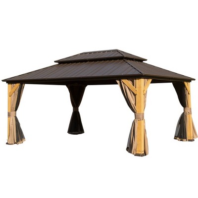 Cedar Wood Gazebo, Solid Wood Hardtop Gazebo with Galvanized Steel Double Roof, Netting & Curtains, for Patio, Backyard, Deck, Lawns