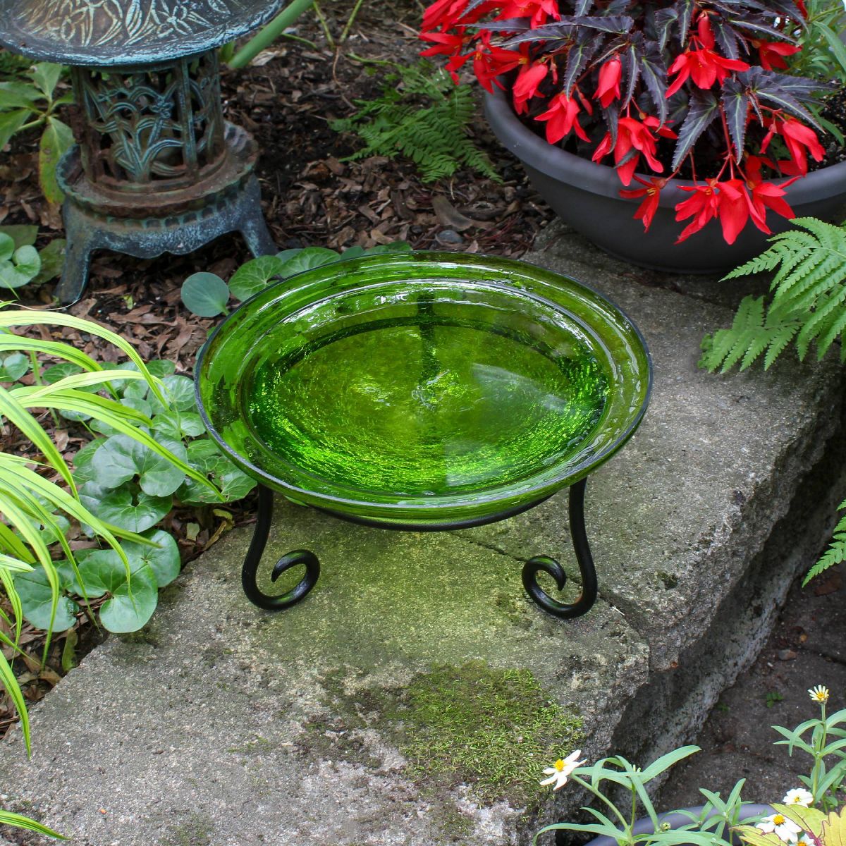7" Reflective Crackle Glass Birdbath Bowl with Short Stand - Achla Designs: - thumbnail 3