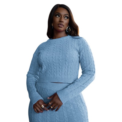 Rebdolls Women s Plus Size Cable Knit Sweater Light Blue 1x