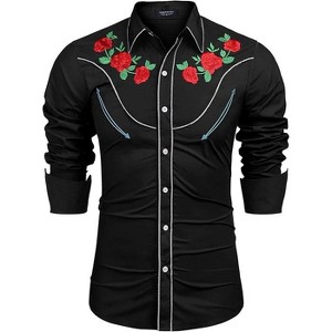 COOFANDY Men's Western Cowboy Shirt Long Sleeve Slim Fit Rose Embroidered Cotton Casual Button Down Shirts S-XXL - 1 of 4