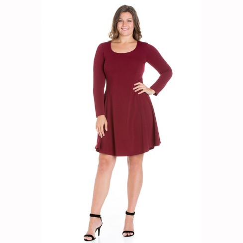 24seven Comfort Apparel Long Sleeve Knee Length Plus Size Skater Dress burgundy 1x Target