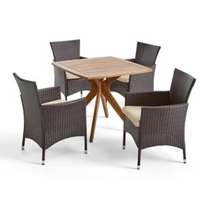 Christopher Knight Home Montserrat Outdoor Acacia Wood and Wicker 5 Piece Dining Set with Cushion, Teak/Multibrown - 1 of 4