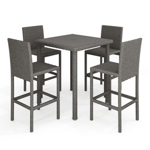 Martha Stewart Bedford 5-Piece Indoor-Outdoor Bar Set with 4 Patio Bar Stools and Bar Height Table with Engineered Wood Top in Rattan Wicker - 1 of 4