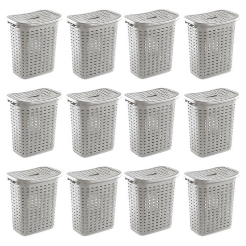 4 Pack White Plastic Baskets with Gray Handles, Narrow Storage