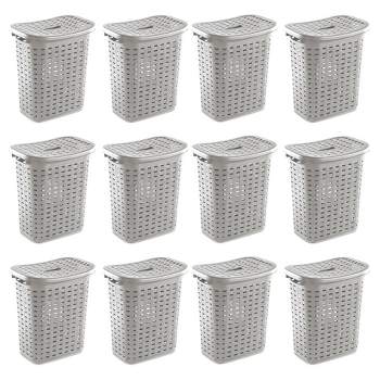 Sterilite Plastic Wicker Style Weave Laundry Hamper, Portable Slim Clothes Storage Basket Bin with Lid and Handles, Cement Gray, 12-Pack