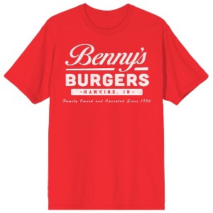 Stranger Things Benny’s Burgers Logo Adult Red Crew Neck Short Sleeve T-shirt - 1 of 3