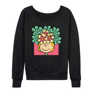 Women's - Peanuts - Sally Flowers Lightweight French Terry Wide Neck Long Sleeve Shirt - 1 of 4