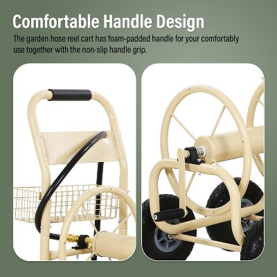 Tan Heavy Duty Metal Outdoor Hose Reel Cart with Storage Basket