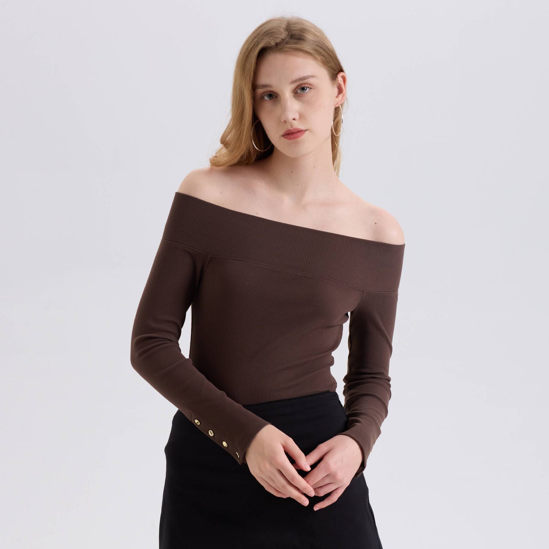 Women's Raglan Long Sleeve Off the Shoulder Rib-Knit Top - Wild Fable™ Dark Brown XL