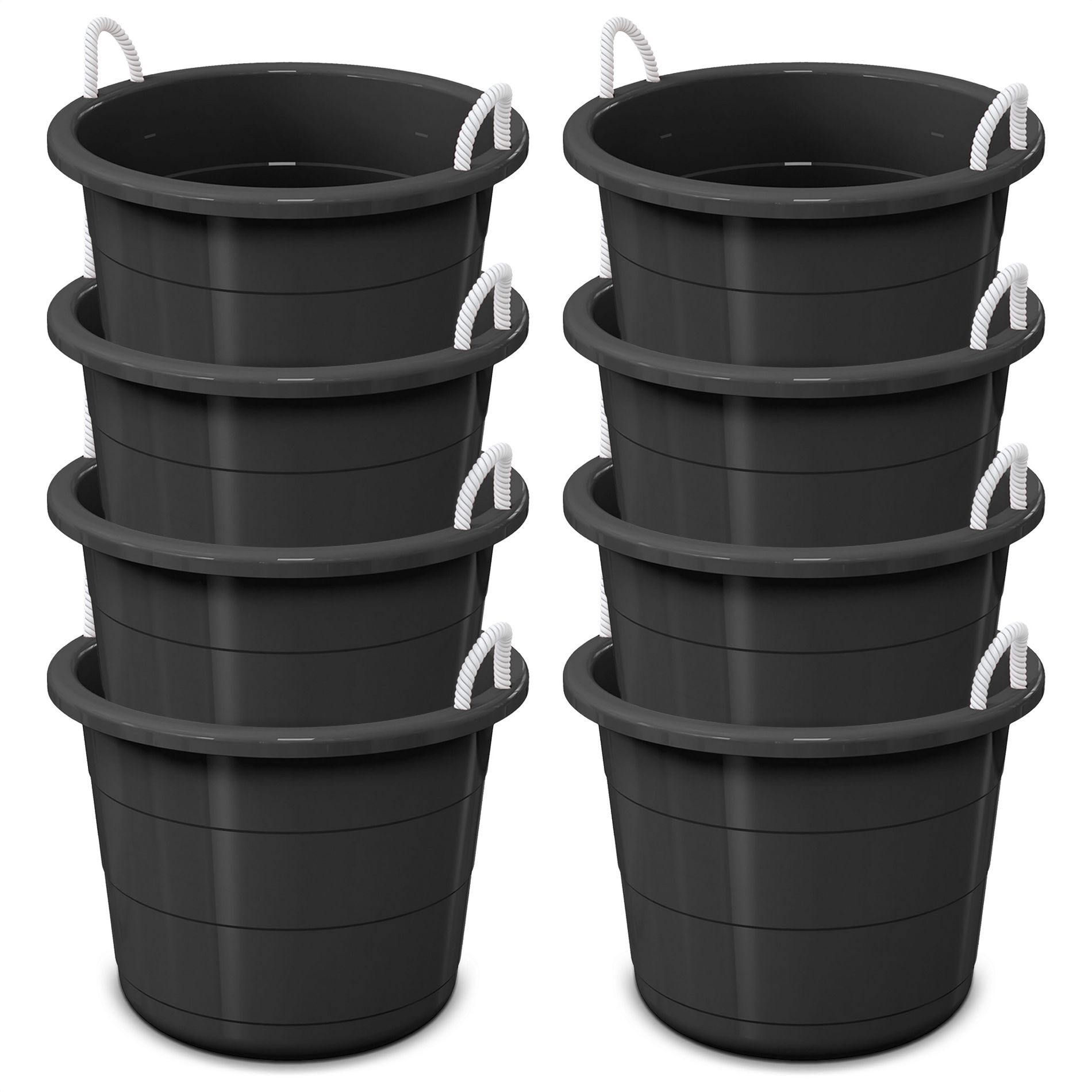 Life Story Large 17 Gallon Flexible Plastic Storage Bucket Container with Easy Grip Rope Handles for Indoor and Outdoor Storage, Black, 8 Pack