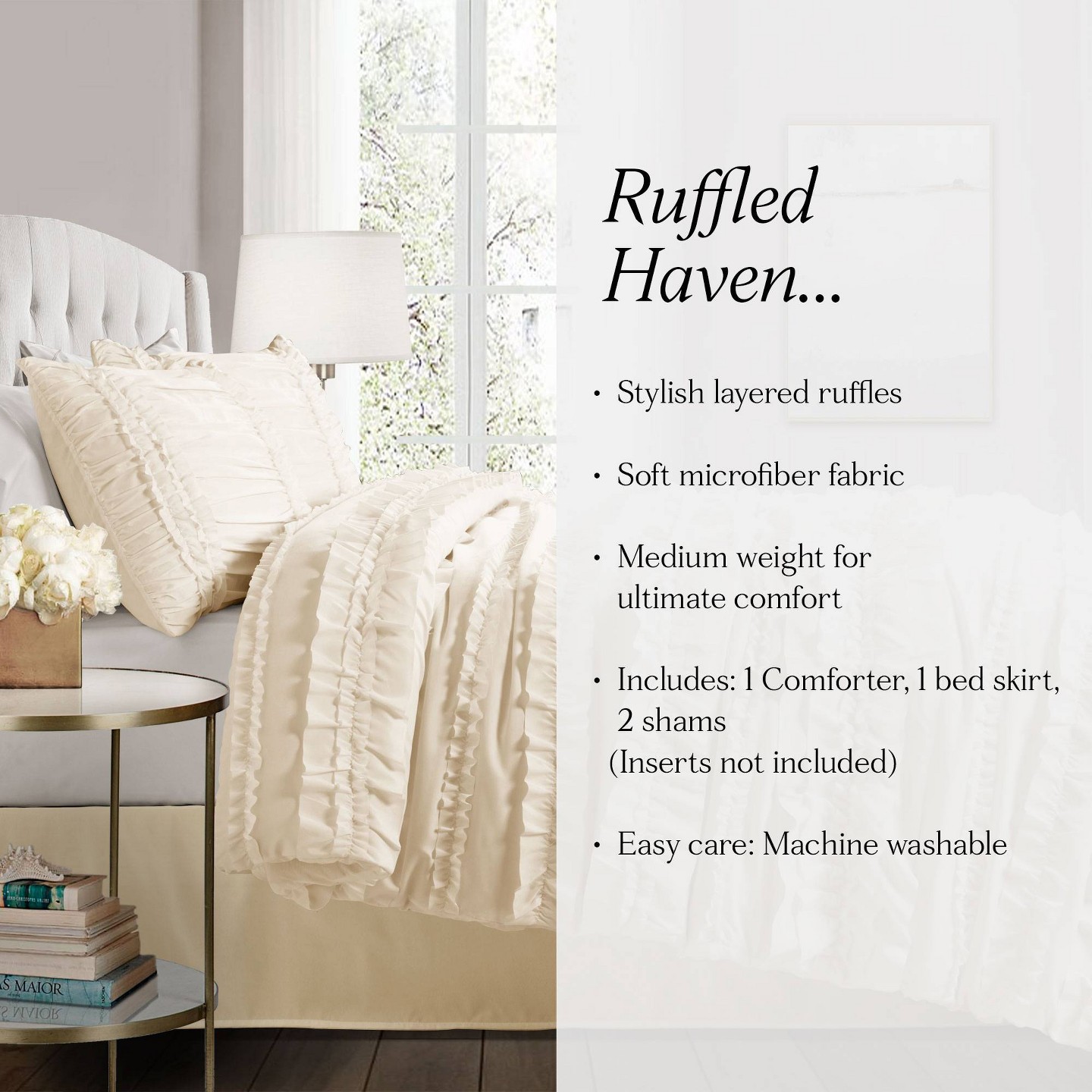 Комплект с одеялом Lush Decor Belle Ruffle Comforter Set (Queen) Ivory 4pc - Lush Décor: Shabby Chic Microfiber Bedding with Bed Skirt & Shams, цвет: Слоновая кость — фото 6
