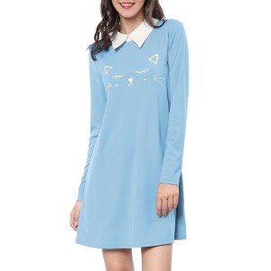 Allegra K Women's Contrast Collar Cat Face Printed Long Sleeve Swing Flare Mini Dress - 1 of 4
