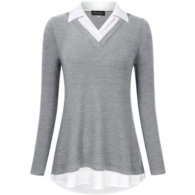 Women's Long Sleeve V Neck Contrast Collared Shirts Patchwork Work Blouse Tunics Tops