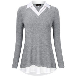 Women's Long Sleeve V Neck Contrast Collared Shirts Patchwork Work Blouse Tunics Tops - 1 of 4