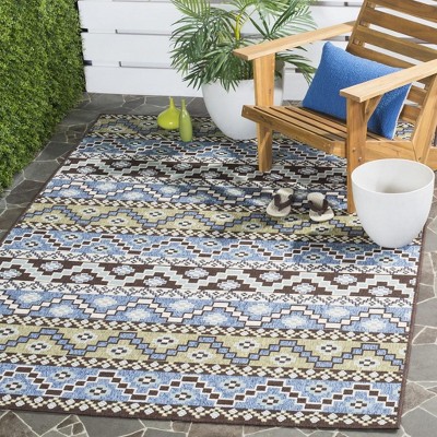 Blue and Cream Synthetic Stain-Resistant Indoor/Outdoor Rug