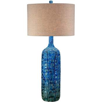 Possini Euro Design Mid Century Modern Table Lamp with Table Top Dimmer 36" Tall Teal Glaze Ceramic Tan Linen Drum for Living Room (Colors May Vary)