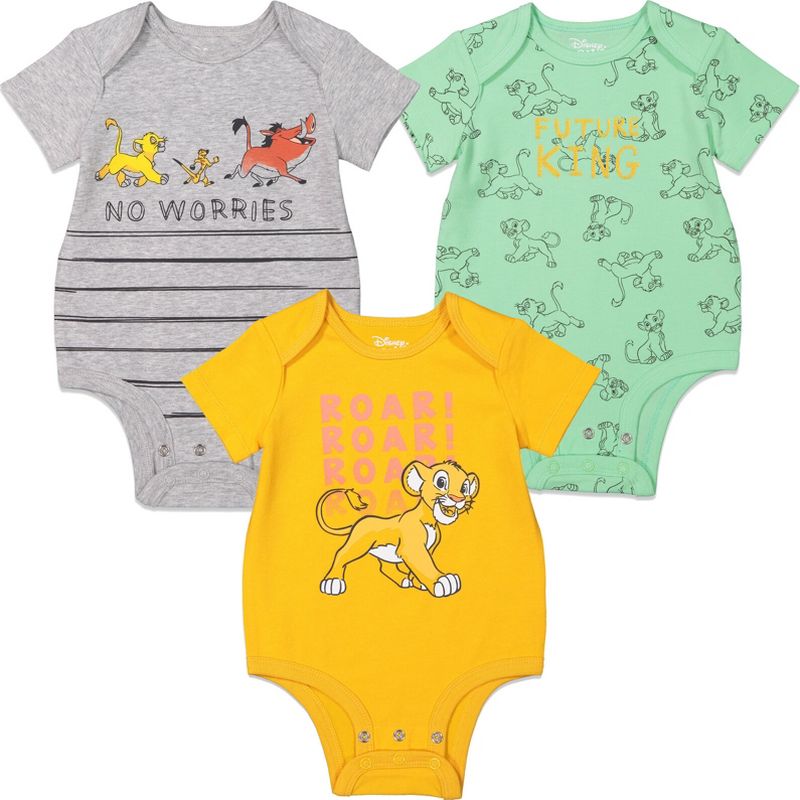Disney Bambi Lion King Mickey Minnie Mouse Winnie the Pooh Princess Dumbo Baby Girls 3 Pack Bodysuits Newborn to Infant, 1 of 9
