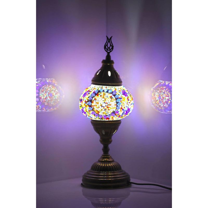 Kafthan 14.5 in. Handmade Multicolor Center Circle Mosaic Glass Table Lamp with Brass Color Metal Base, 3 of 6