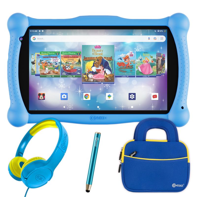 Contixo 7” Kids 32GB Tablet (2023 Model) 50 Disney E-Books HD 7”, Dual Camera, WI-FI + Child Proof Case with Kids Headphones and Tablet Bag, 1 of 11