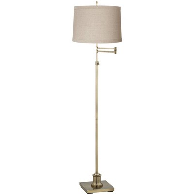 360 Lighting Swing Arm Floor Lamp Antique Brass Natural Linen Fabric Drum Shade for Living Room Reading Bedroom Office