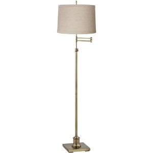 360 Lighting Swing Arm Floor Lamp 70" Tall Antique Brass Natural Linen Fabric Drum Shade for Living Room Reading Bedroom Office - 1 of 4