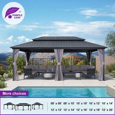 PURPLE LEAF Permanent Hardtop Gazebo Aluminum Frame Gazebo with Galvanized Steel Double Roof, UV-Resistant, Netting & Curtains included - Grey