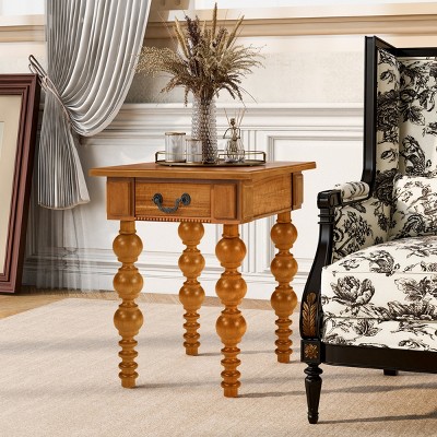 FURNIinspire End Tables Solid Wood Night Stand Side Table Living Room Furniture with Drawer, Vintage Sofa Table, Natural Brown, 18"*24"*23"