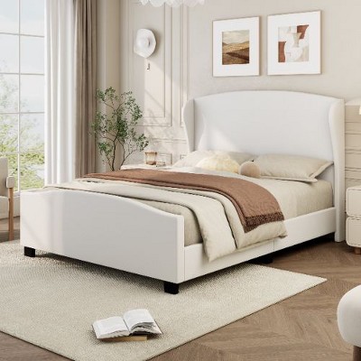 CAVINAS Full Size Bed Frame with High Headboard Wingback, Linen Upholstered Bed Frame with Upholstered Headboard