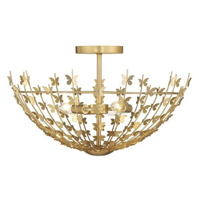 Burnished Brass Butterfly 3-Light Semi-Flush Mount Ceiling Fixture