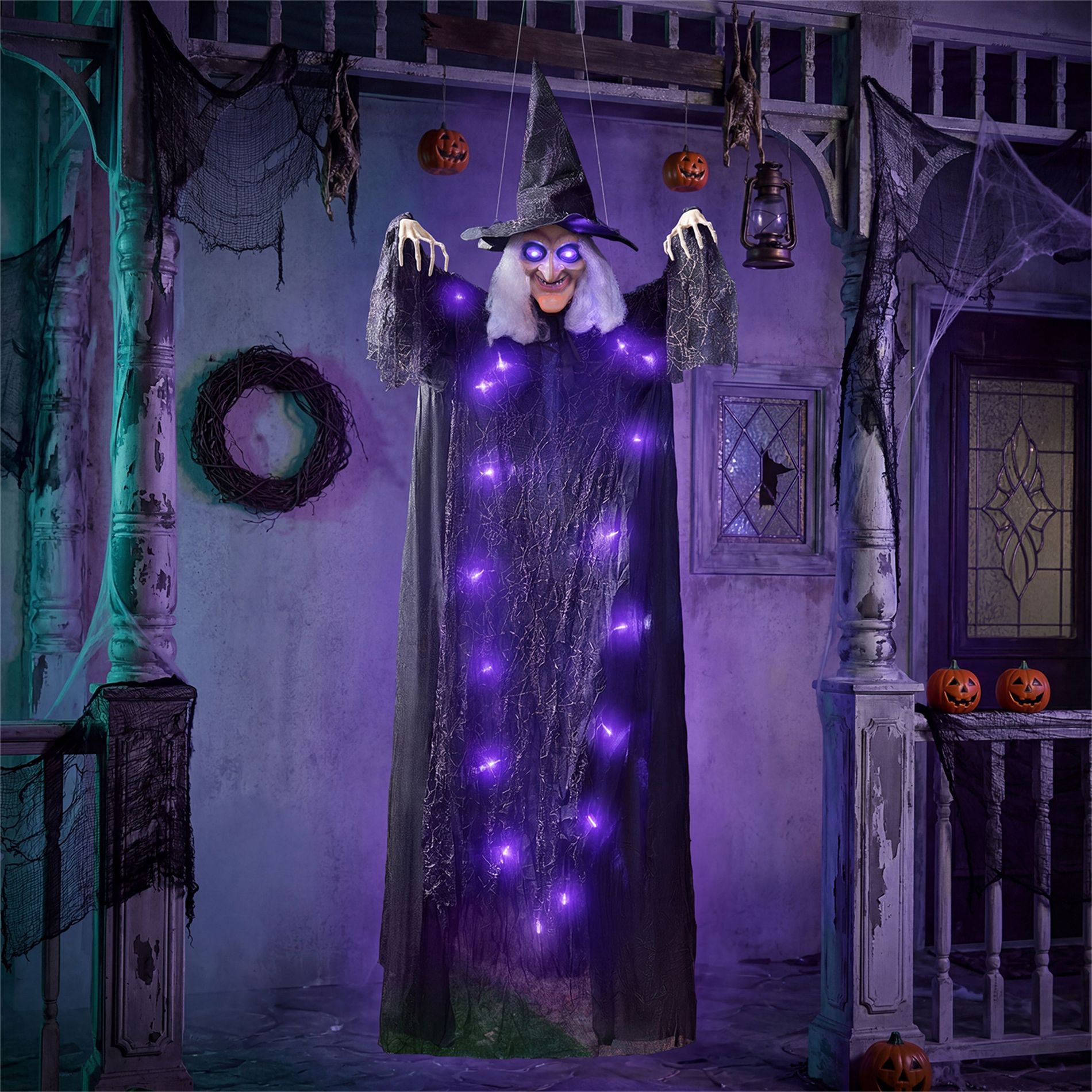 Joyfy 72” Halloween Decor Hanging Talking Witch, Party Supplies Light Up Ghost Halloween Hanging Decorations Witch for Haunted House Outdoor/Indoor