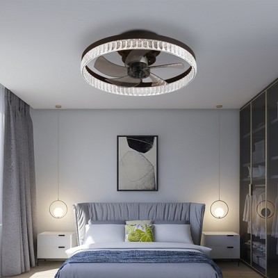 20" Brown Ceiling Fan with LED Light ¨C Modern Flush Mount Fan Light for Bedroom, Living Room, and Home D¨¦cor with Crystal Ring Design