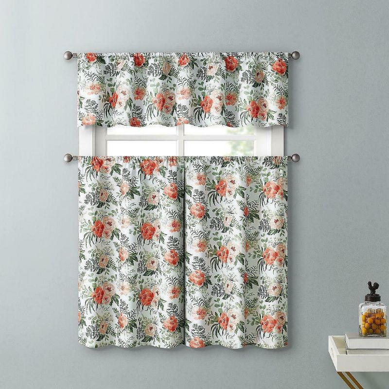 Kate Aurora English Floral Rose Garden Complete 3 Pc Café Kitchen Curtain Tier & Valance Set - 56 in. W x 15 in. L, Pink, 2 of 3