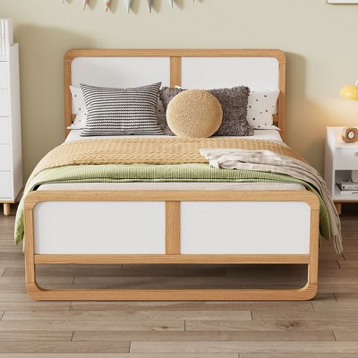 Modern Queen Solid Wood Bed, Walnut & White