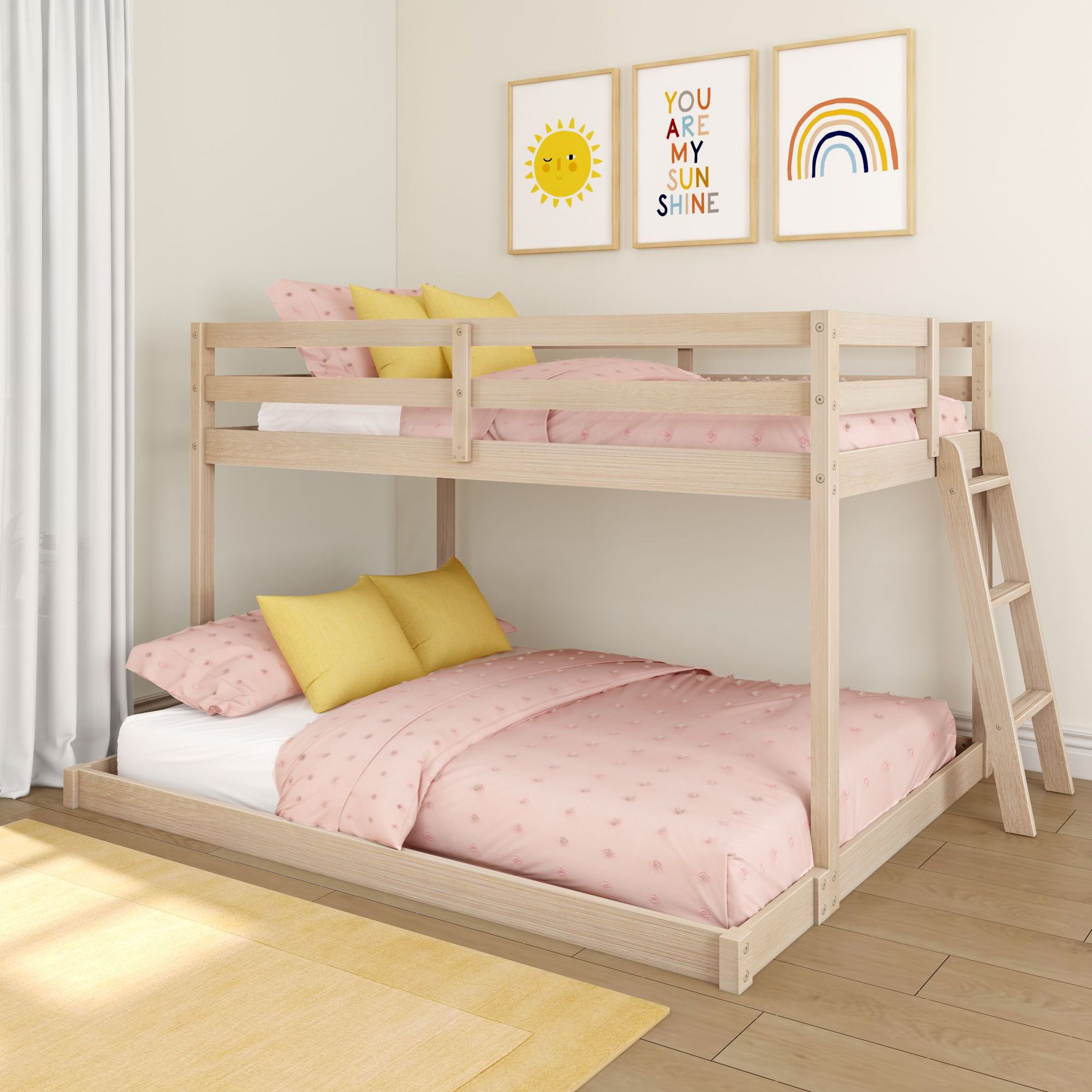 Now Furniture Low Bunk Bed for Kids, Twin over Full, Engineered Wood, Textured Natural