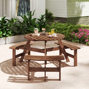 Costway 6-Person Round Picnic Table Set with 3 Built-in Benches 2" Umbrella Hole, Brown/Yellow - 1 of 4