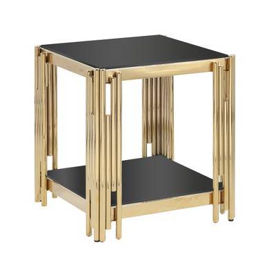 Vynxaria 20" Gold Rectangular End Tables - Double-Layer Glass Top for Living Room