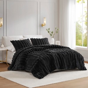 3 Pcs Elegant Reversible Faux-Fur Plush Comforter Set,All Season Ribbed Velvet Bedding Set,Cozy Home Textile fits Lux Bedroom Decor - 1 of 4