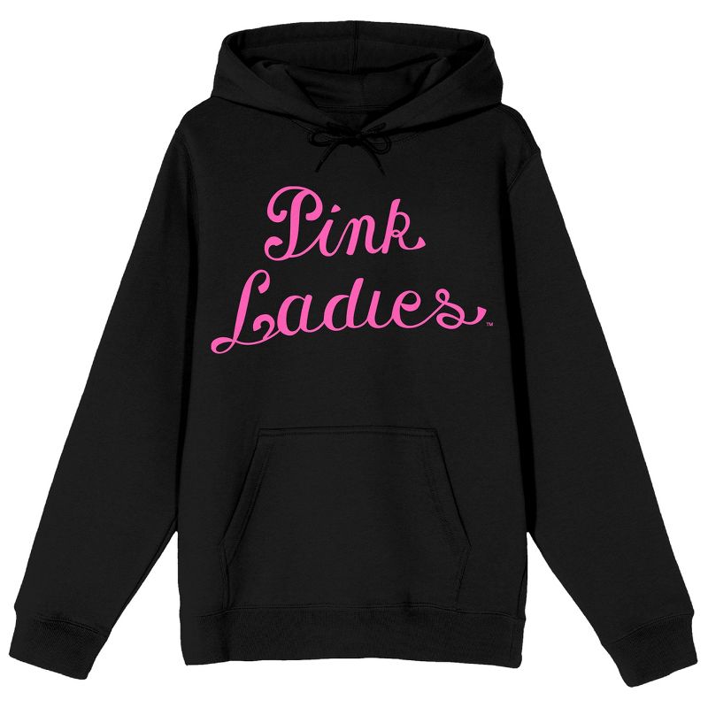 Grease Pink Ladies Long Sleeve Adult Black Hooded Sweatshirt, 1 of 4